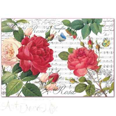 Бумага рисовая "Красные розы и ноты"  48х33 см