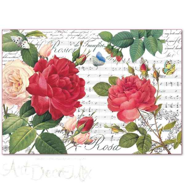 Бумага рисовая "Красные розы и ноты"  48х33 см